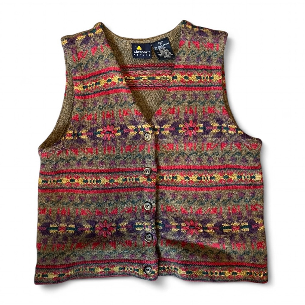 VTG LizSport Knit Sweater Vest Boho Wool Blend Grannycore Size Petite
